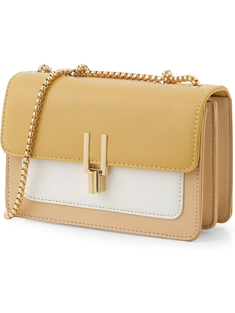 Women's Yellow Color Block Leather Purse Chain Strap Crossbody Shoulder Bag